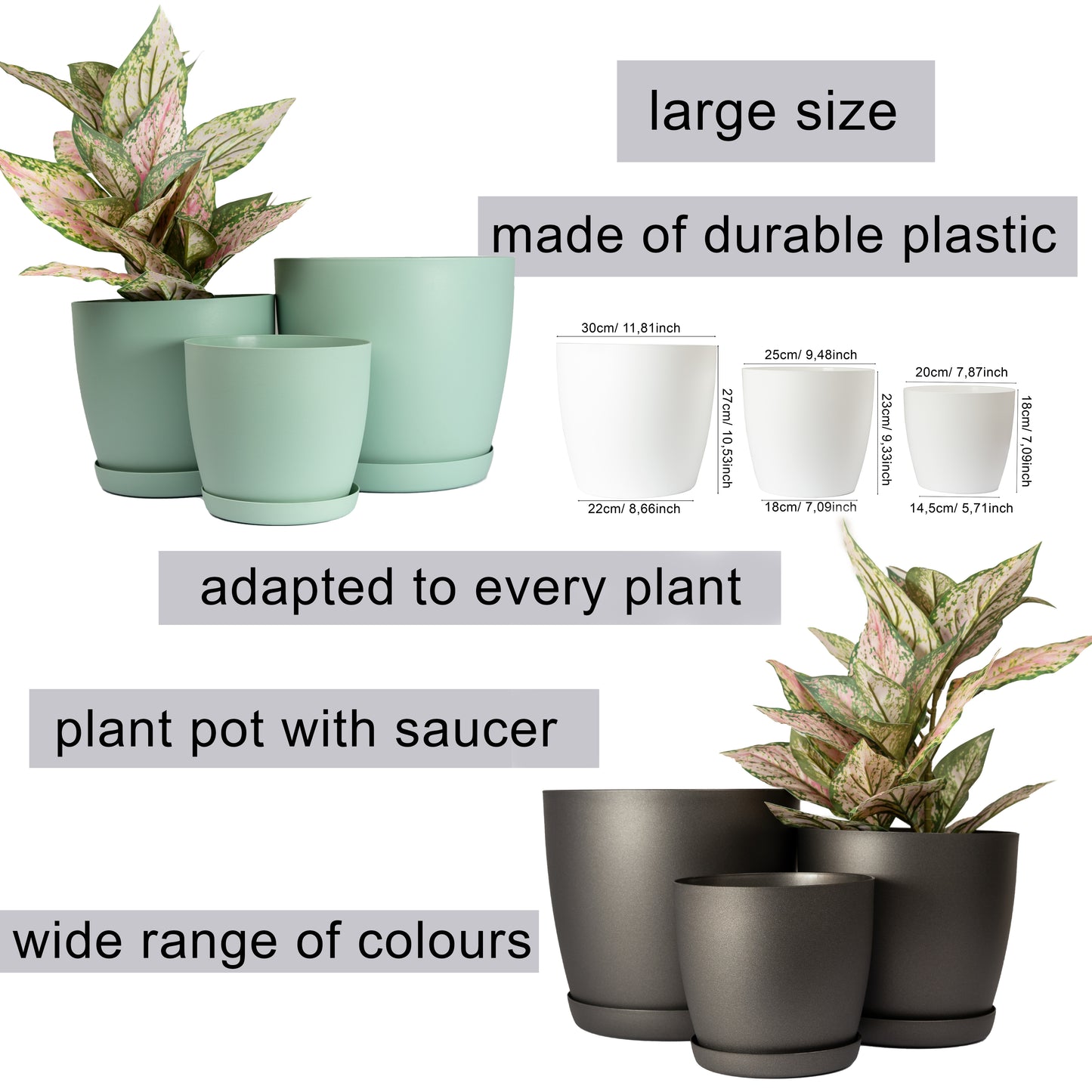 Plant Pots Indoor Set of 5 Sizes 9.5/12/14/16/18cm Matt Surface With Saucer