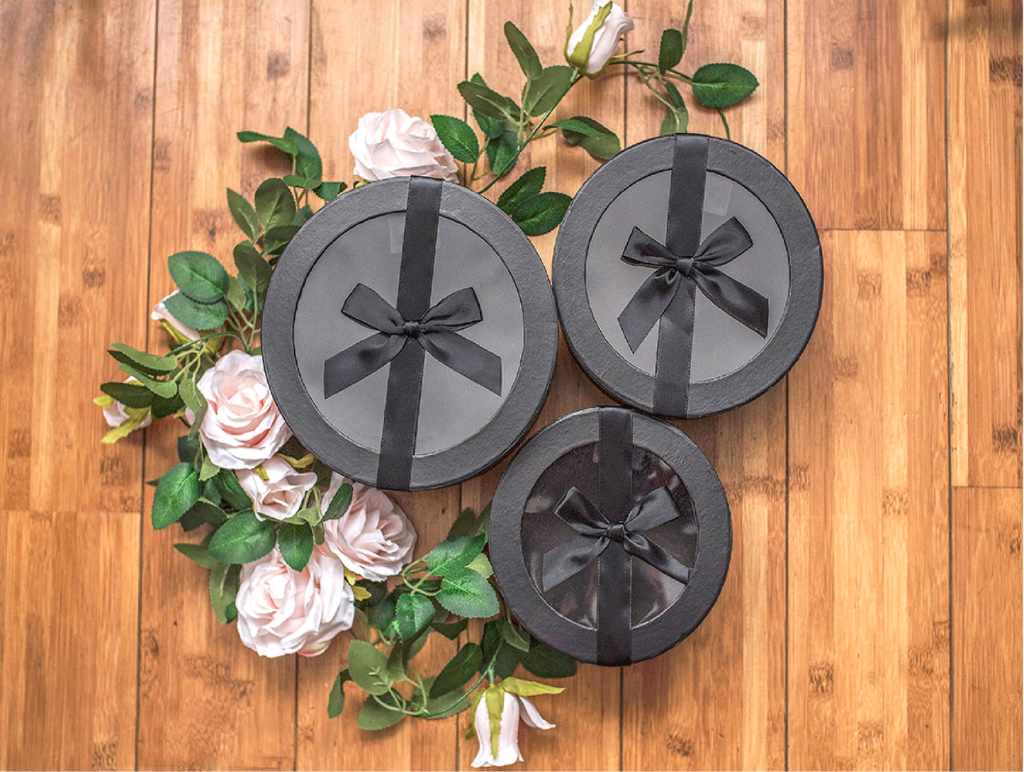 Round Gift Boxes with Transparent Lid and Decorative Ribbon