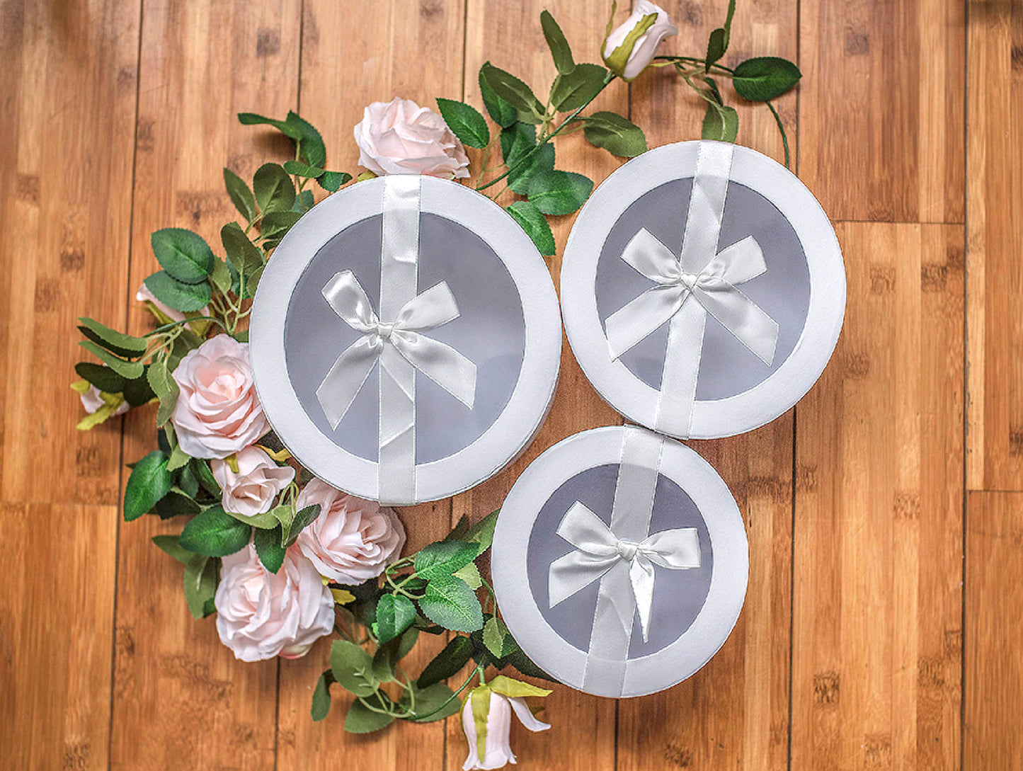 Round Gift Boxes with Transparent Lid and Decorative Ribbon