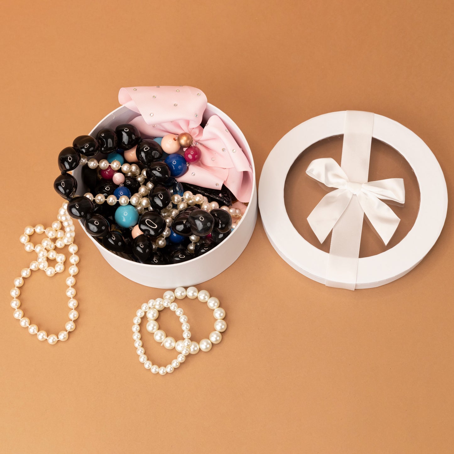 Round Gift Boxes with Transparent Lid and Decorative Ribbon