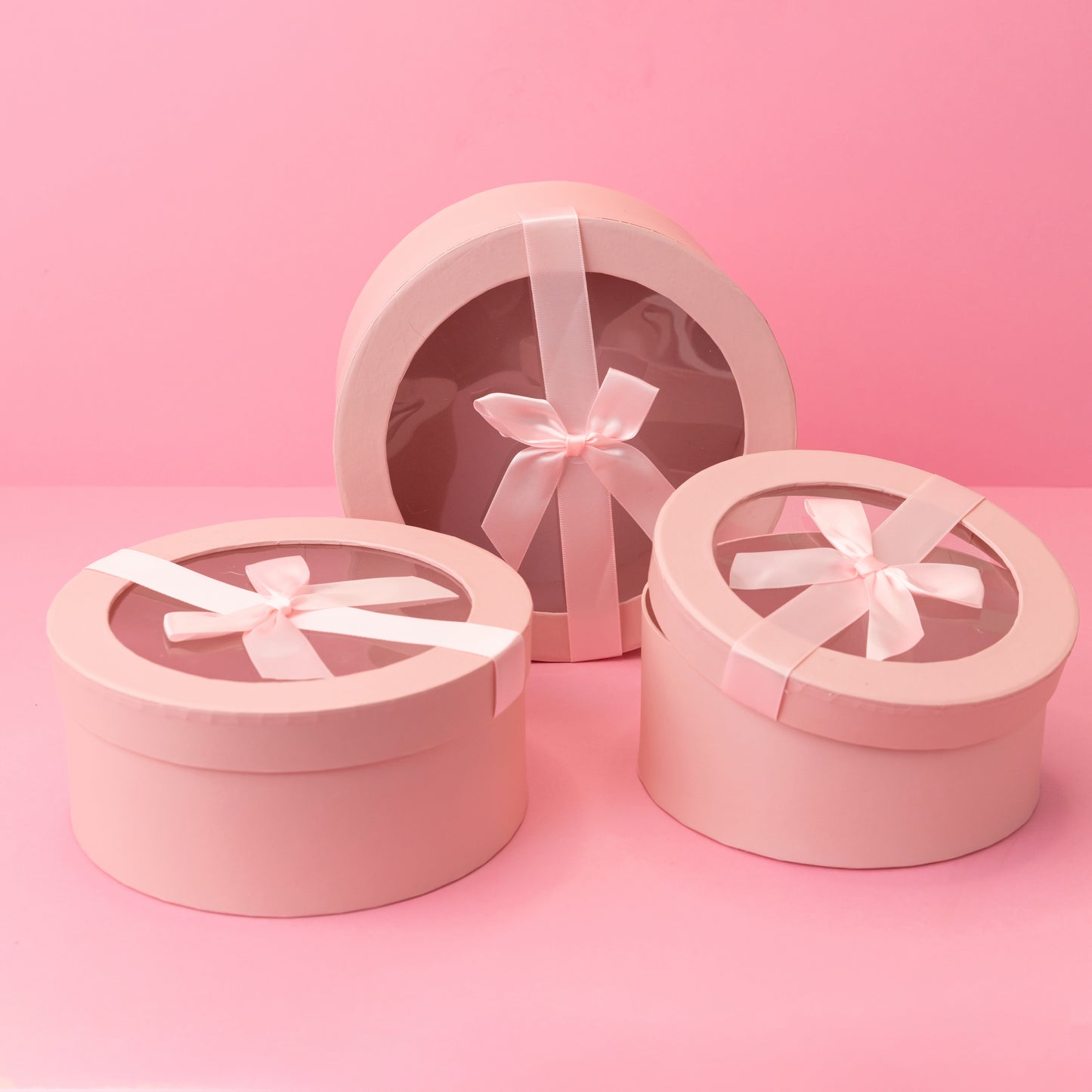 Round Gift Boxes with Transparent Lid and Decorative Ribbon