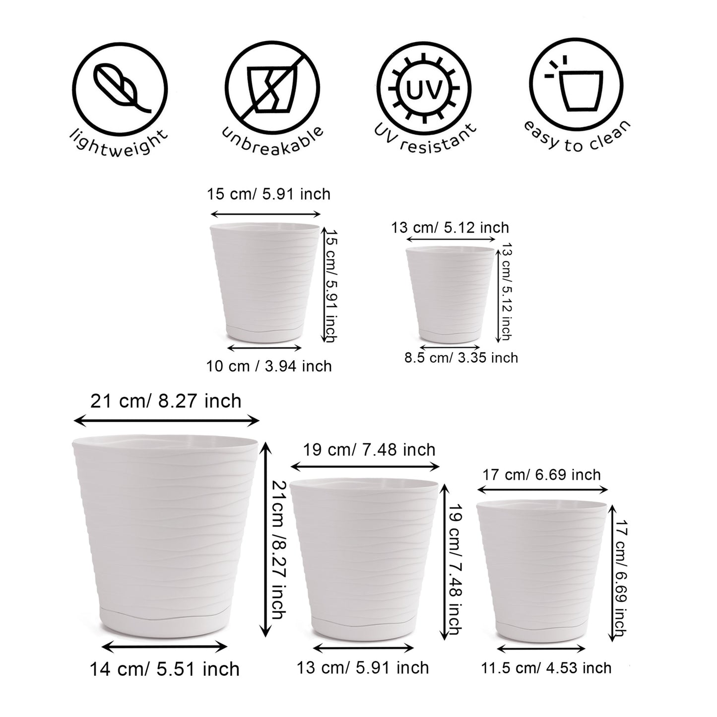 Plant Pots Indoor Tedi Set Of 5 Sizes 13/15/17/19/21cm