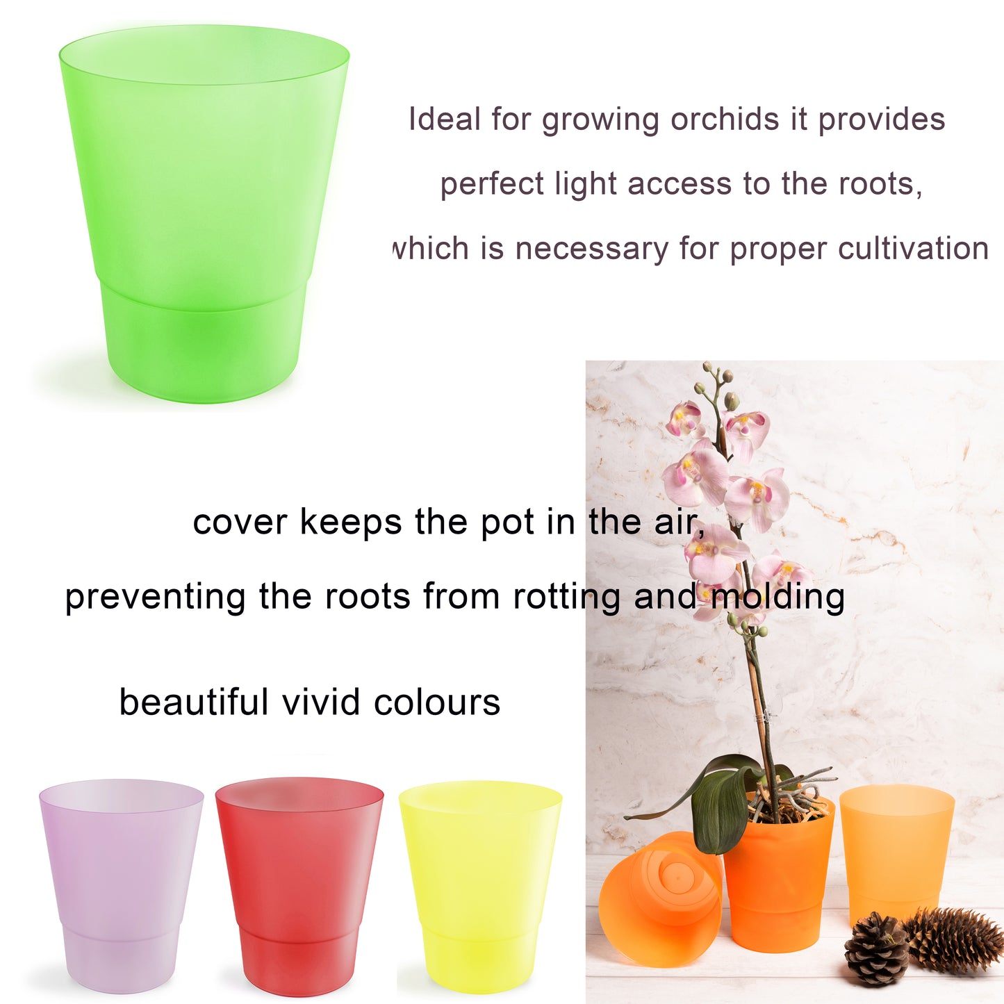 Plant Pots Indoor 12cm Diameter Set of 3 Plastic Plant Pot For Orchids Half Transparent