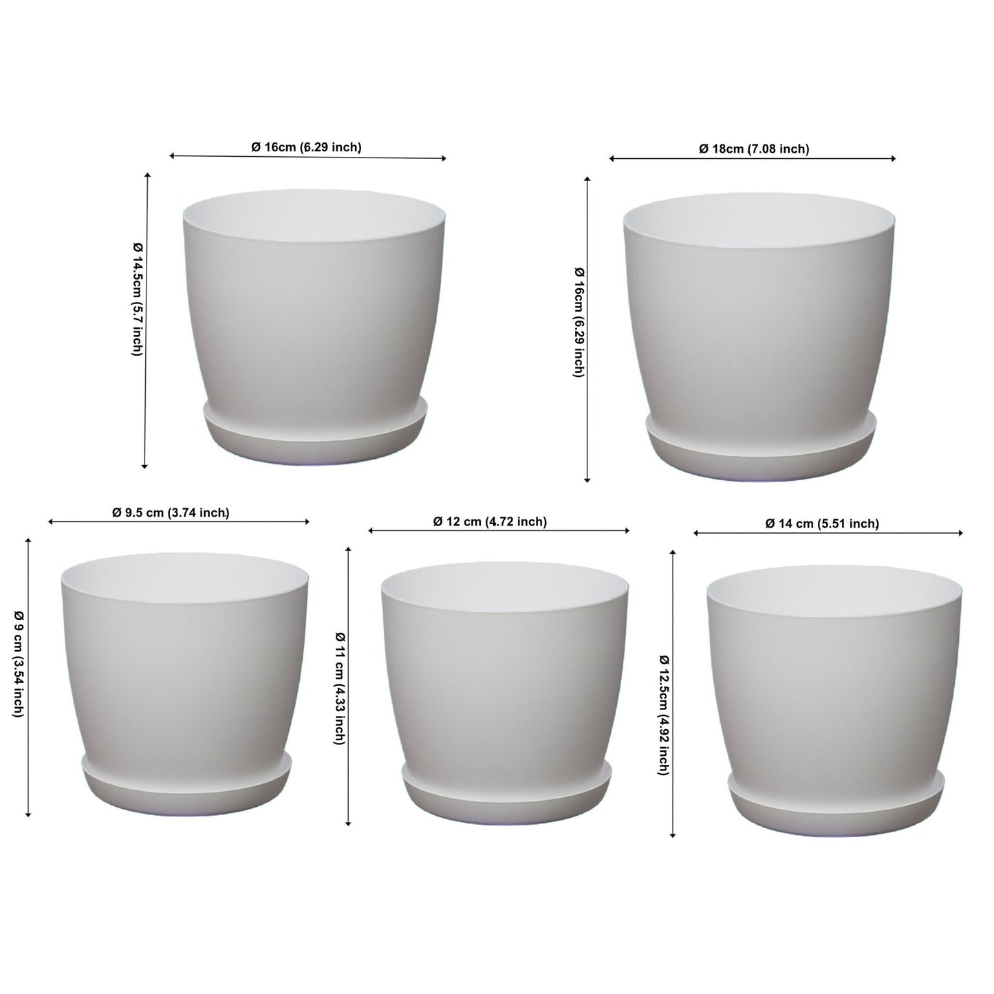 Plant Pots Indoor Set of 5 Sizes 9.5/12/14/16/18cm Matt Surface With Saucer