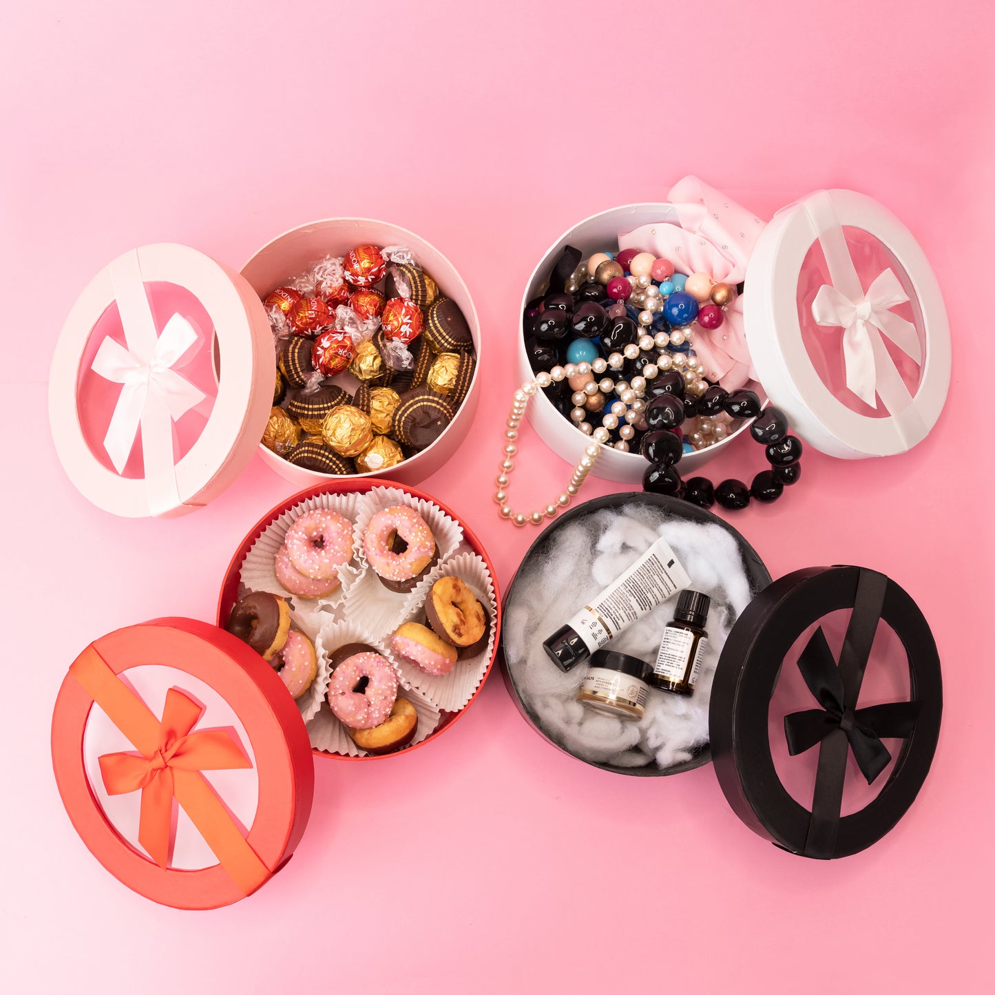 Round Gift Boxes with Transparent Lid and Decorative Ribbon