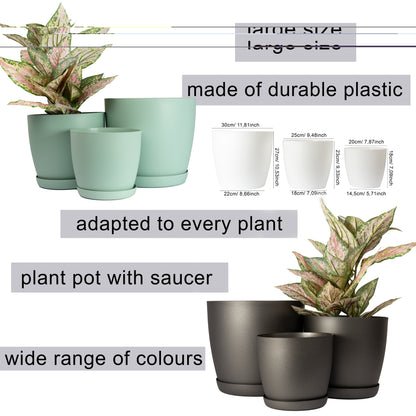 Plant Pots Indoor Matte Set of 3 Sizes 20/25/30cm – Large Plant Pot with Plant Saucer