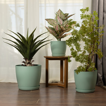 Set Of 3 Plant Pots Indoor Matte 14/16/18 Large Medium Small With Saucer Deco