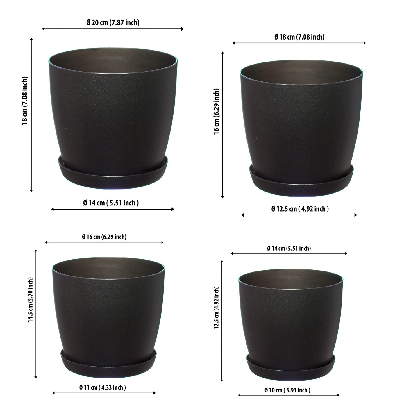 Plant Pots Indoor Matte Surface With Saucer Set of 4 Sizes 14/16/18/20cm