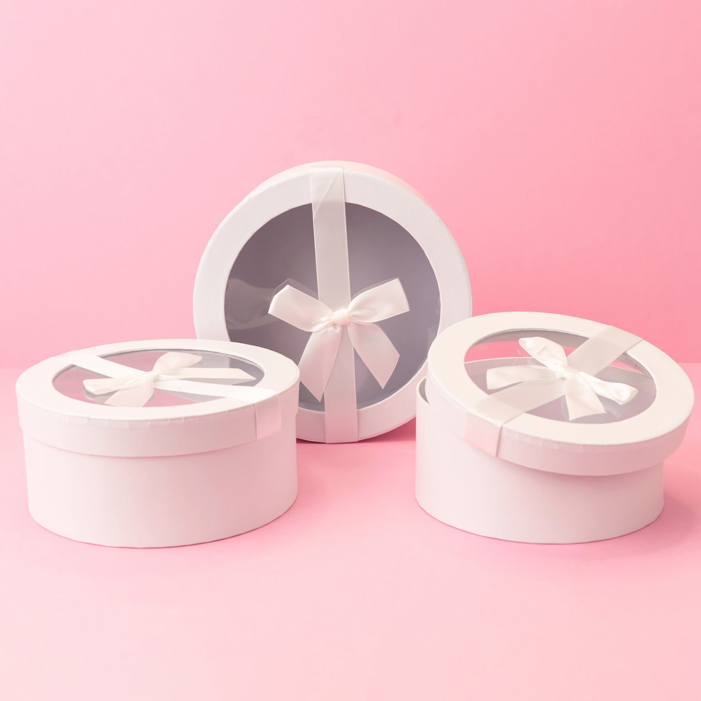 Round Gift Boxes with Transparent Lid and Decorative Ribbon